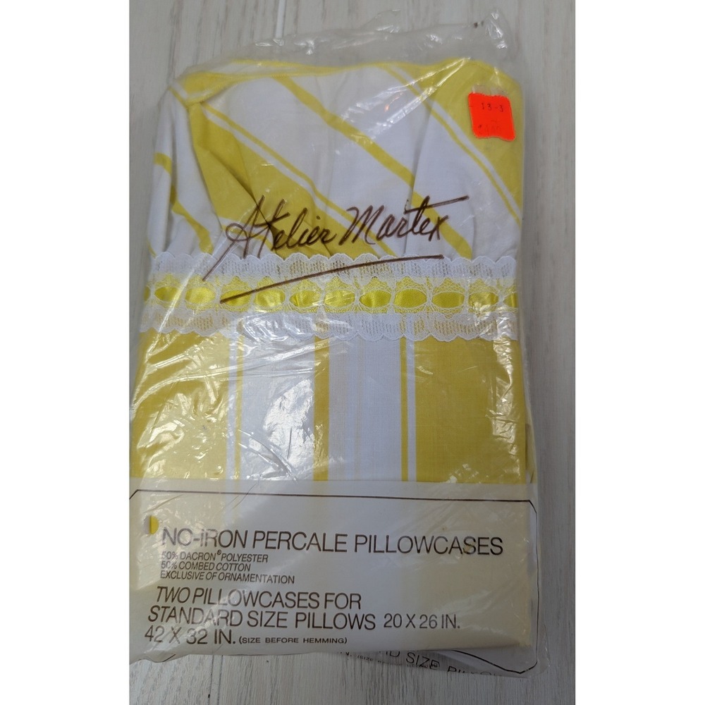 Atelier Martex 2 Standard Pillowcases Yellow White Striped Percale vintage lace